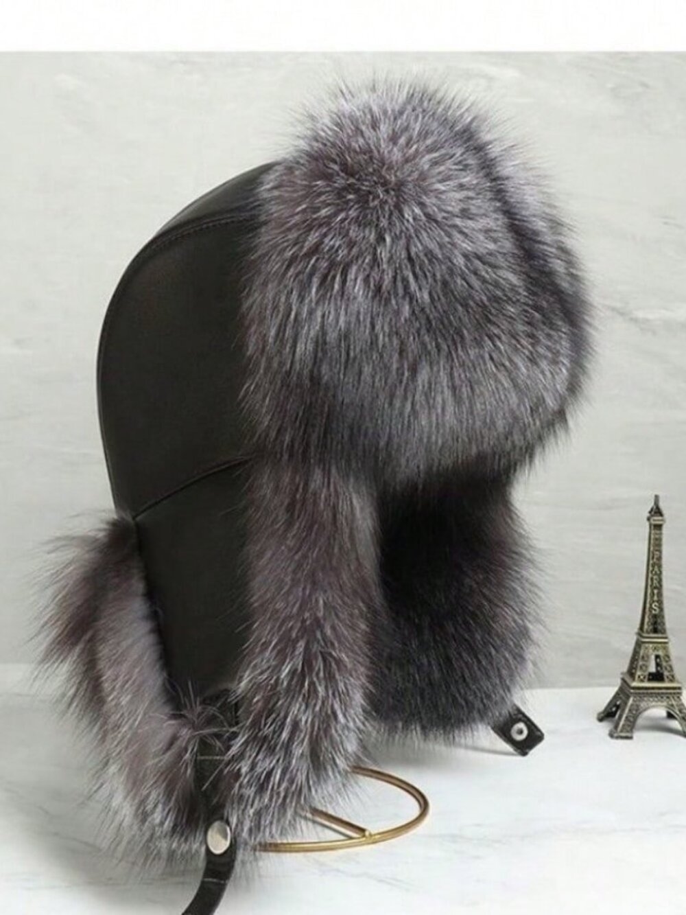 Women's black Faux leather gray faux fur trapper hat